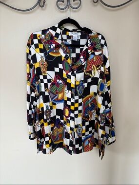 Bob Mackie Black, White & Yellow Checker Silk Blouse with Multicolor Rope Motifs